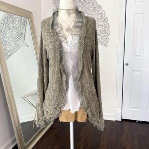 Boston Proper Early 2000's Open Front Frilly Mesh Khaki Green Lace Cardigan M